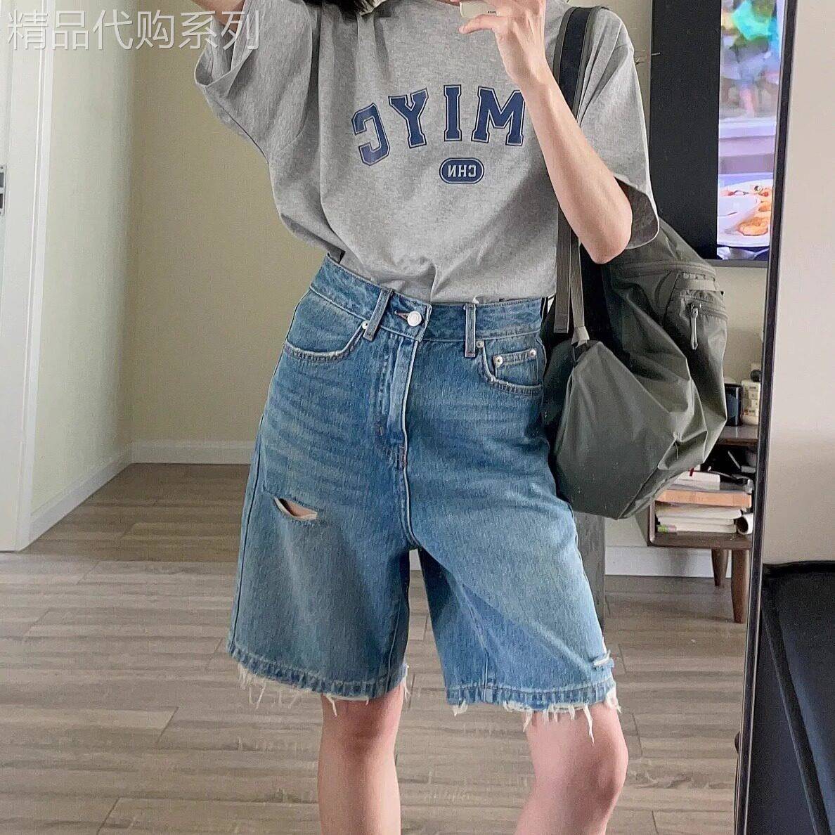 潮牌复古破洞牛仔短裤女夏季2026新款韩版高腰宽松大尺码直筒宽裤