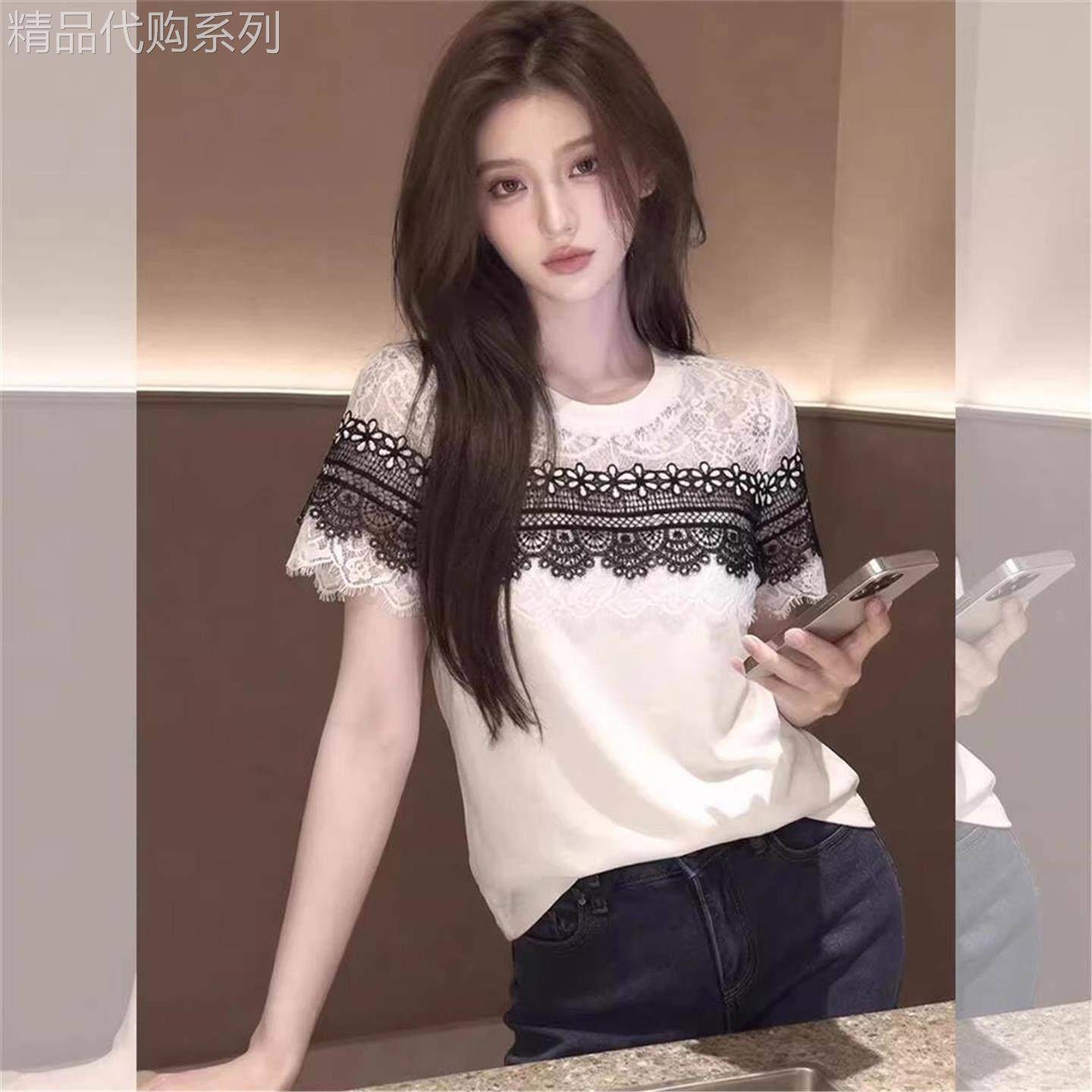 Candy丨时尚高级感蕾丝拼接短袖t恤女夏季流行漂亮上衣时髦别致打