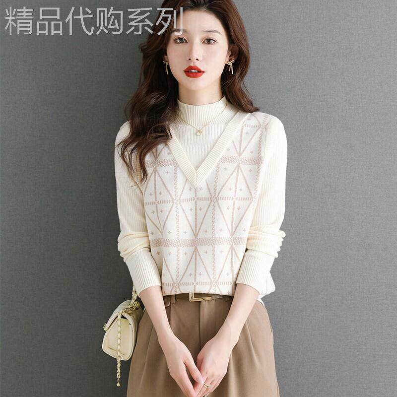 时尚假两件半高领针织毛衣女秋冬2026新款短款宽松显瘦遮打底衫