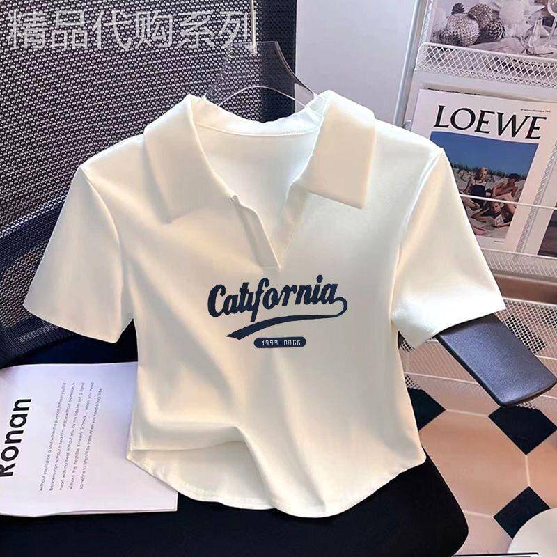 韩国2025新款白色正肩polo领短袖T恤女减龄修身百搭短款体恤