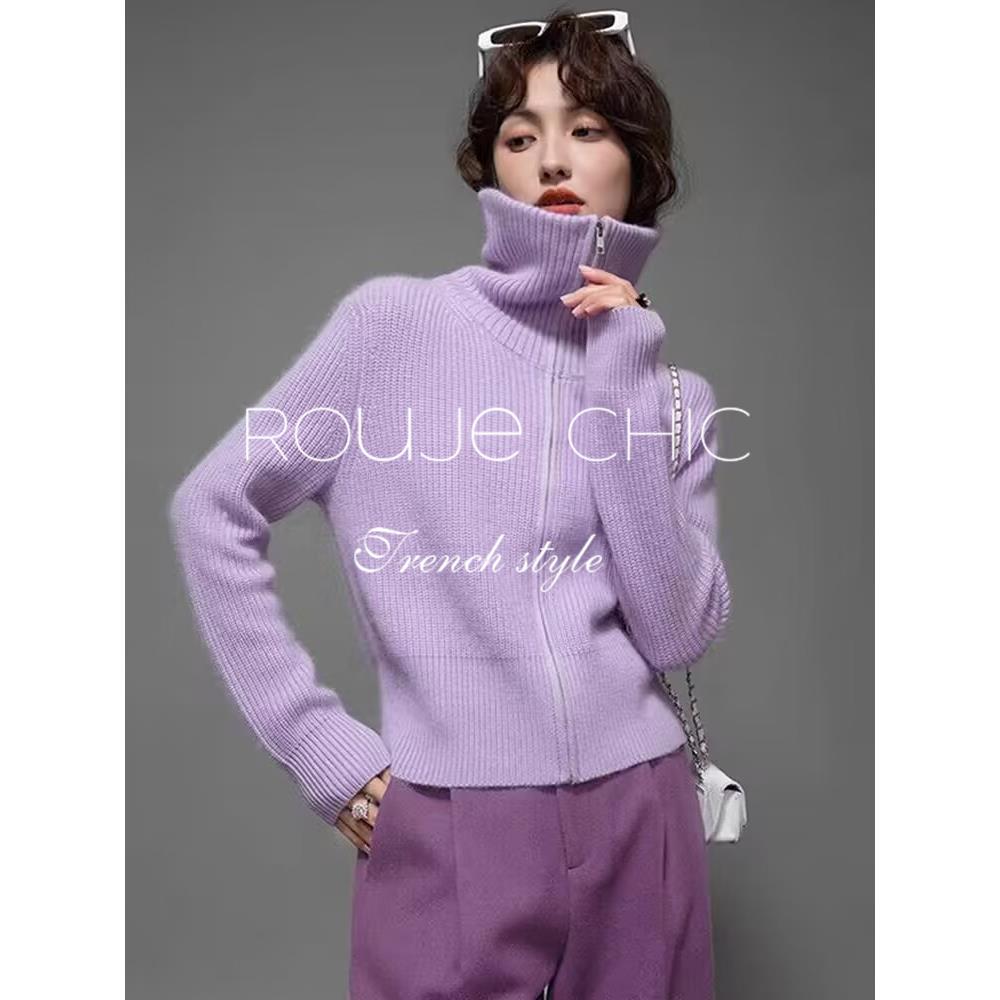 法国Rouje Chic法式小众紫色软糯翻领羊毛针织衫毛衣女秋冬季上衣