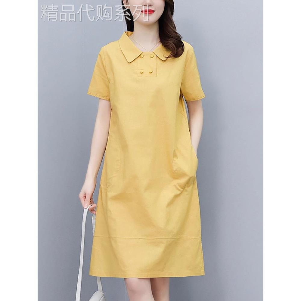 2025夏季潮牌棉麻连衣裙女中长款宽松显瘦直筒休闲polo领亚麻裙子