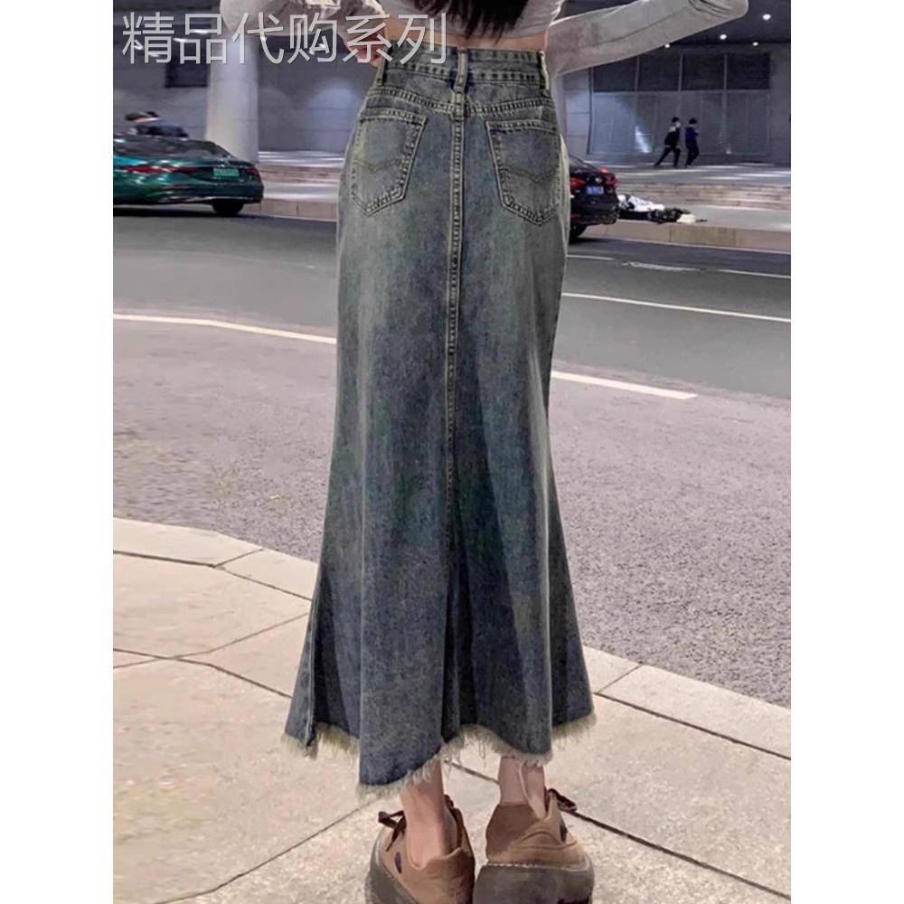 牛仔裙女性夏季瘦2025新高腰a线修身Look中长度毛边覆盖臀部鱼尾