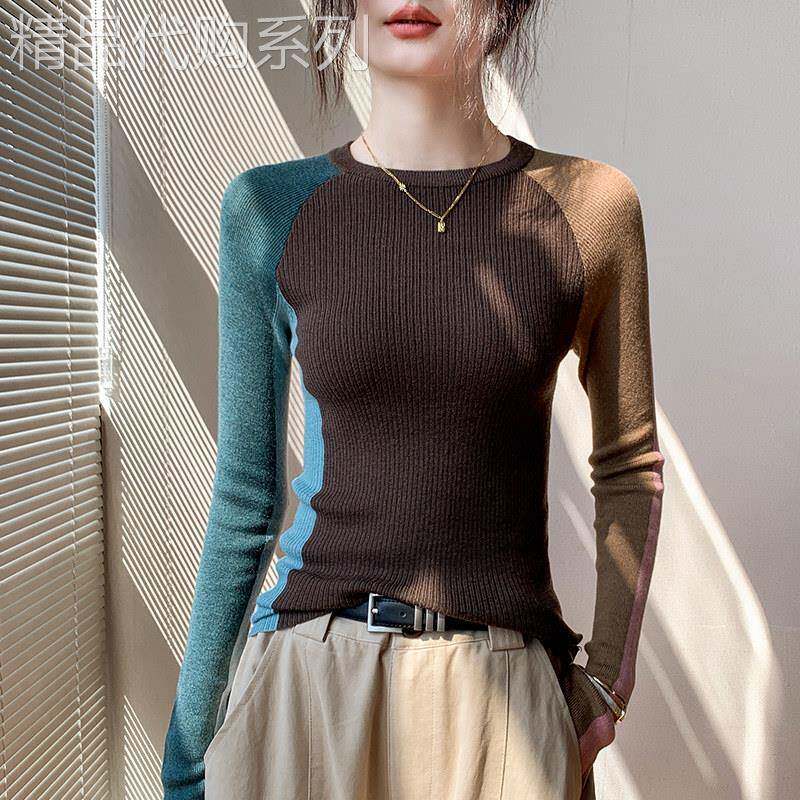 潮牌毛针织衫女新款时尚百搭拼色修身内搭毛衣别致小众打底衫上衣