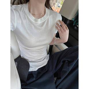 修身 2025夏季 t恤女短款 新款 弹力简约莱赛尔天丝小上衣 桑蚕丝短袖