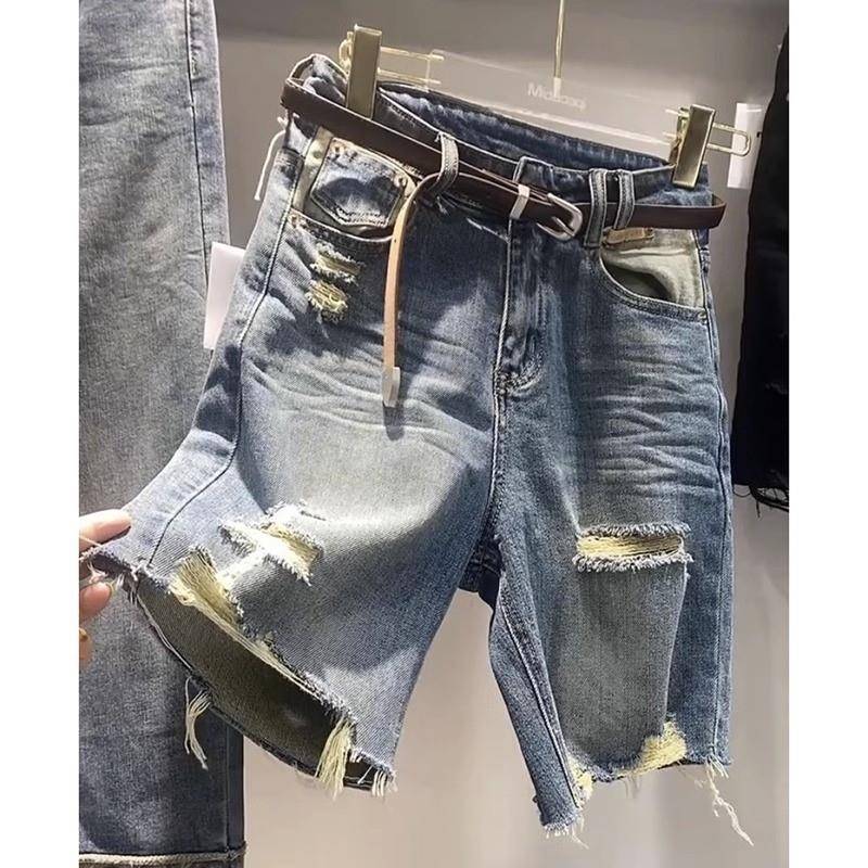 潮牌夏季大码破洞牛仔五分裤女胖妹妹mm撞色高腰a字休闲直筒短裤
