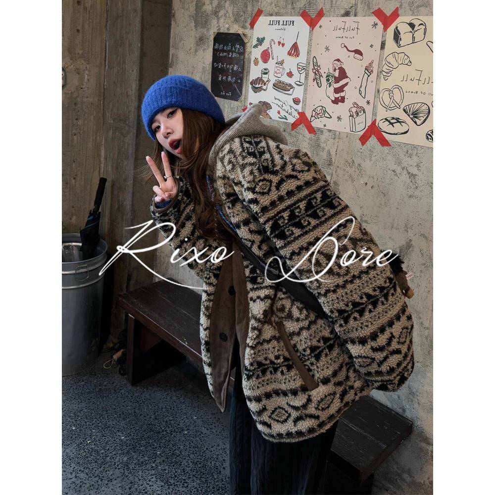 RIXO DORE法式覆古拼接羊羔毛外套女秋冬高级慵懒羊羔绒棉服大衣