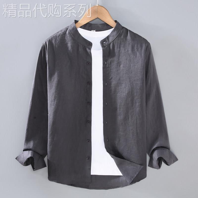 春夏季无领纯亚麻衬衫男长袖圆领透气衬衣棉麻料全麻布衣服外套薄