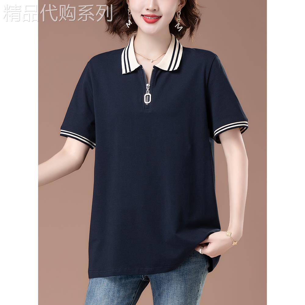 设计感撞色翻POLO衫短袖t恤女夏季胖妈妈加肥加大码宽松遮肚上衣