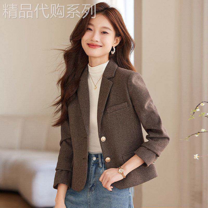 咖色短款毛呢小西装外套女秋冬2026新款小个子女士休闲呢子西服春