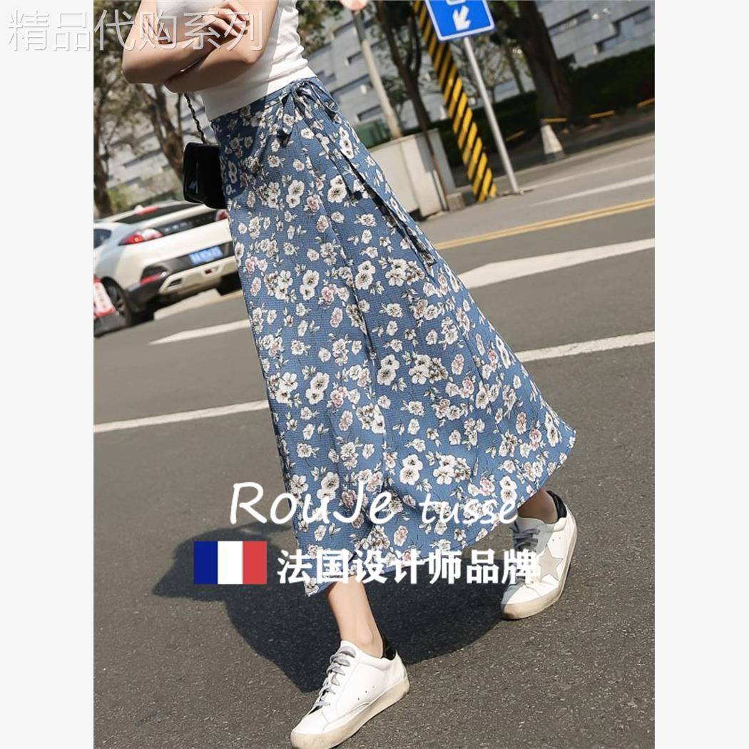 法国Rouje tusse一片式雪纺半身裙高腰系带碎花长裙度假开 叉裹裙