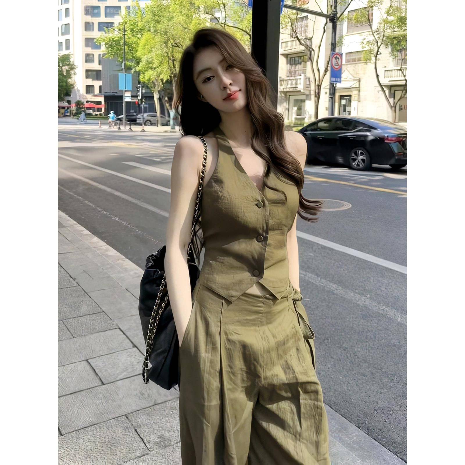 韩国2025年新夏装老款时尚阔腿裤套装女式覆古无袖马甲裤两件套新