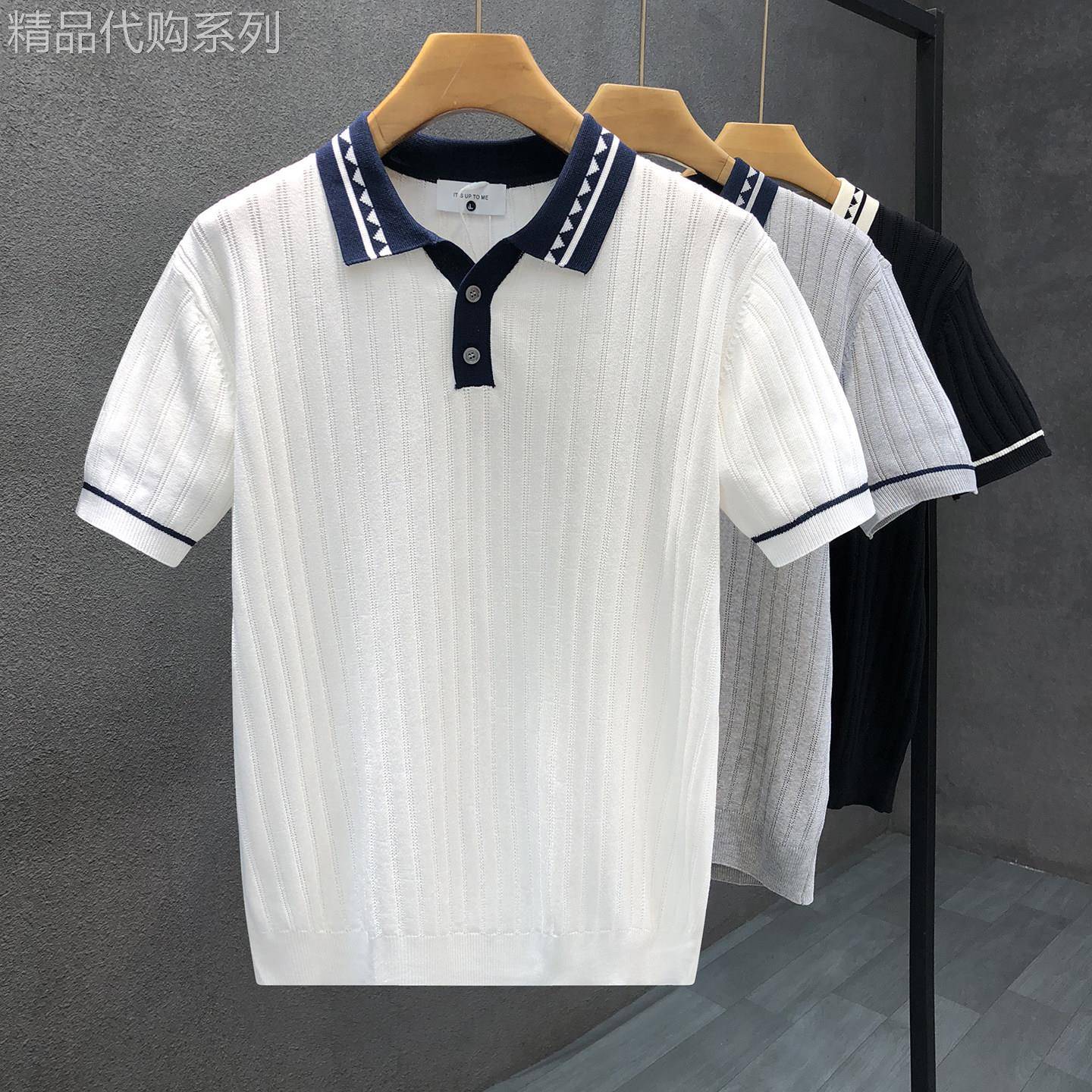 米兰『时尚设计风』!新品推荐!休闲百搭薄款短袖翻领针织t恤男