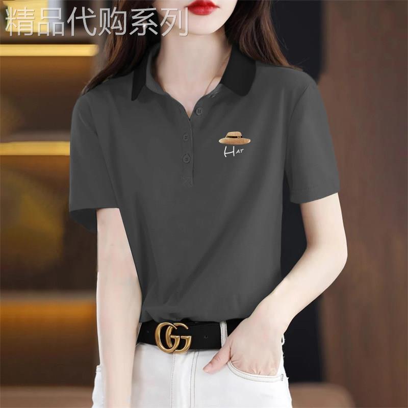 纯棉翻领短袖T恤女夏季2025新款大尺码宽松文艺休闲polo领气质上