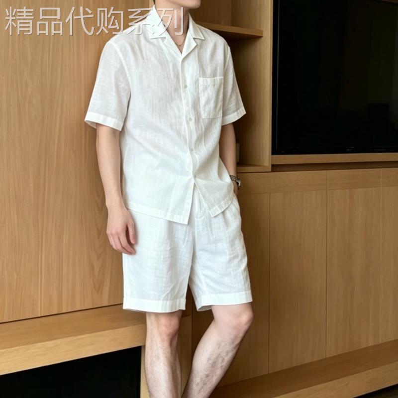 亚麻莱赛尔松弛感套装夏季男士轻奢短袖衬衫短裤老钱风成套穿搭