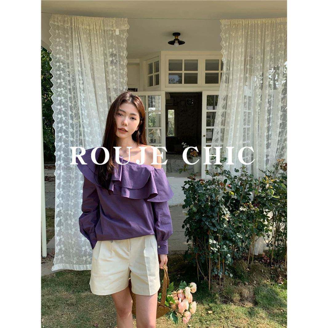 法国rouje chic紫色一字肩荷叶边衬衫女春季斜肩领设计感长袖衬衣