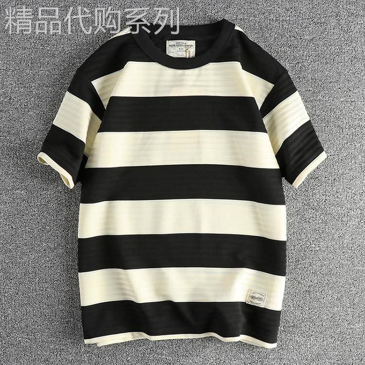 代购香港潮牌夏季针织透气面料海魂衫体恤男条纹复古宽松短袖T恤