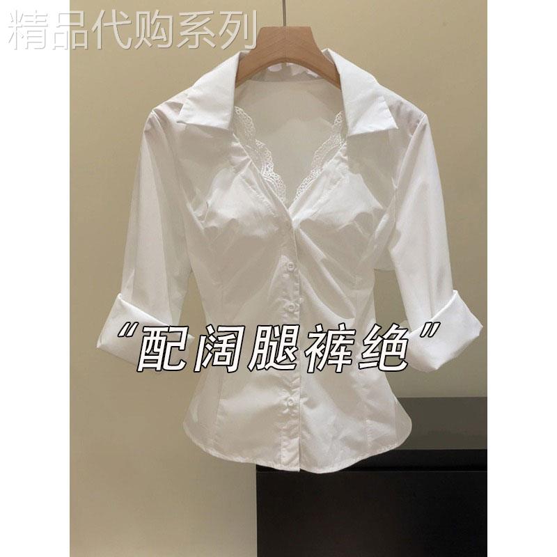 蕾丝V领白色衬衫女2026夏季新款POLO领衬衣设计感收腰长袖T恤上衣