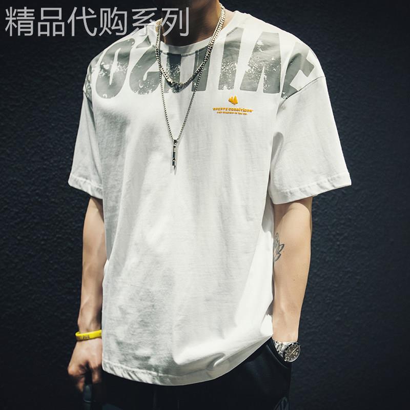 港风潮牌T恤男夏季纯棉短袖宽松大尺码半袖ins胖子潮流白色印花上
