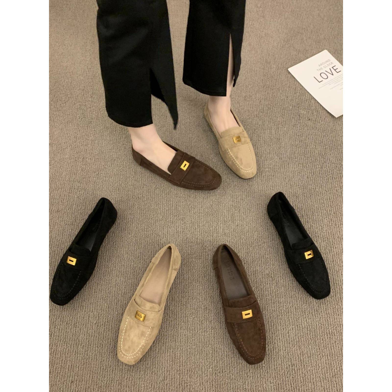 潮牌绒面一脚蹬女鞋平底单鞋女2025新款春秋英伦乐福鞋方头豆豆鞋