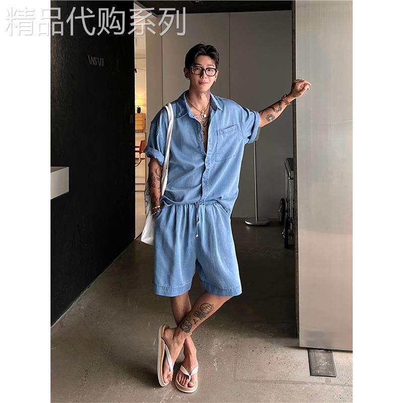 莱赛尔天丝短袖衬衫男士夏季两件套穿搭慵懒松弛感老钱风套装潮流