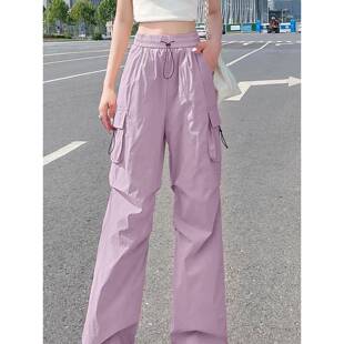 SZ PIG紫色工装裤女秋新款美式休闲伞兵裤户外运动小个子冲锋裤