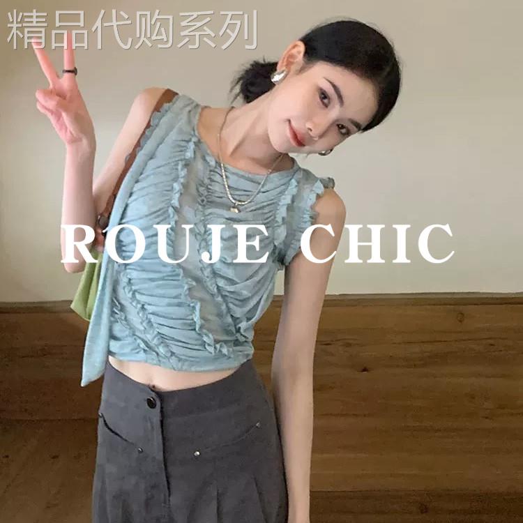 法国rouje chic法式木耳边设计感飘带背心女夏季外穿褶皱无袖上衣