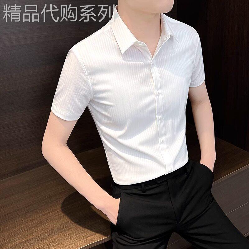 LL男装衬衫男高级感短袖夏天商务冰丝高端2026年新款休闲条纹寸衫