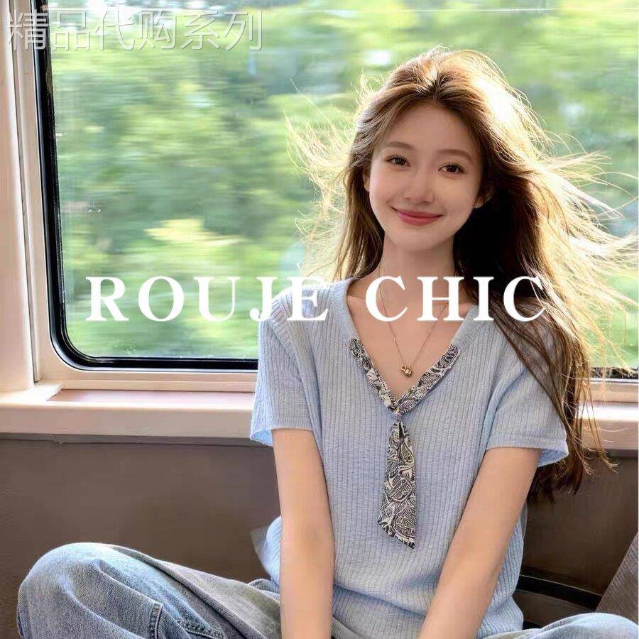 法国rouje chic法式设计感V领丝巾系带短袖T恤女夏季百搭冰丝上衣