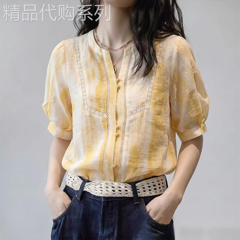 黄色法式短袖衬衫女夏季2026新款设计感宽松显瘦洋派减龄上衣衬衫