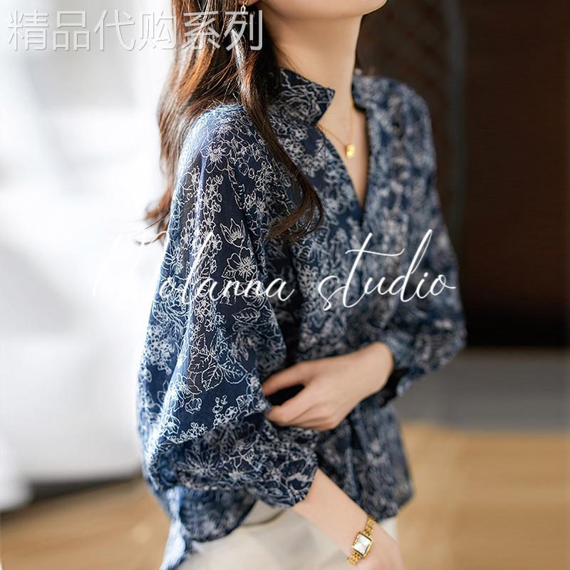 Molanna印花七分袖衬衫女夏季新款时尚休闲 女士灯笼袖小衫上衣薄