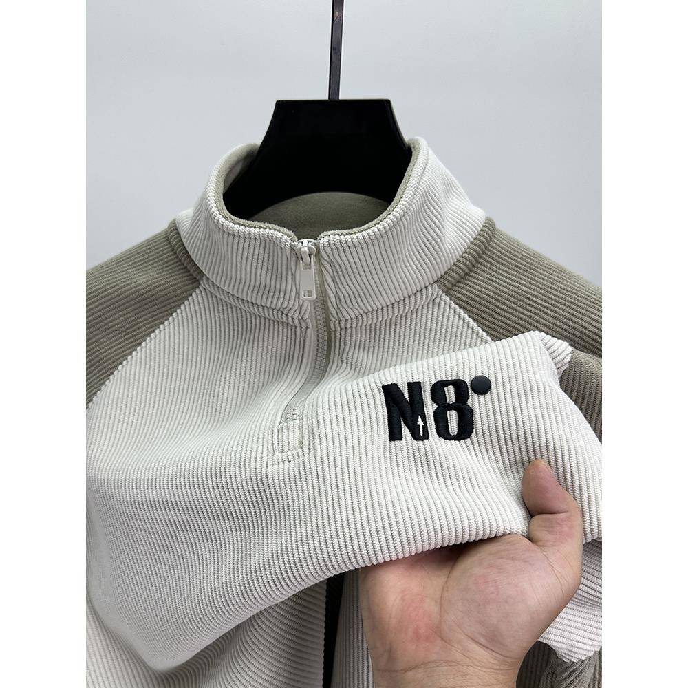 MAROLIO~时尚又温暖！高端半拉炼立领卫衣男潮牌拼色加绒长袖T恤