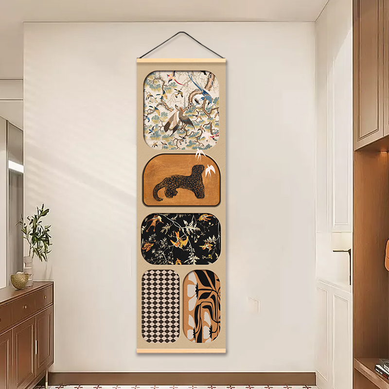 中古风竖版装饰画客厅玄关卧室墙面动物花鸟法式布艺挂帘图片
