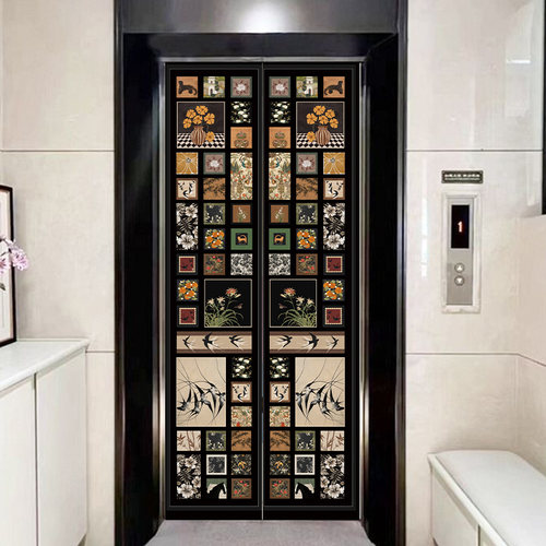 中古风入户电梯门贴酒店家用花鸟双开门定制装饰自粘防水贴画