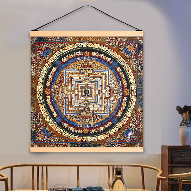 唐卡装饰画佛堂玄关走廊入门聚财壁画坛城方形风水布艺挂画壁画图片