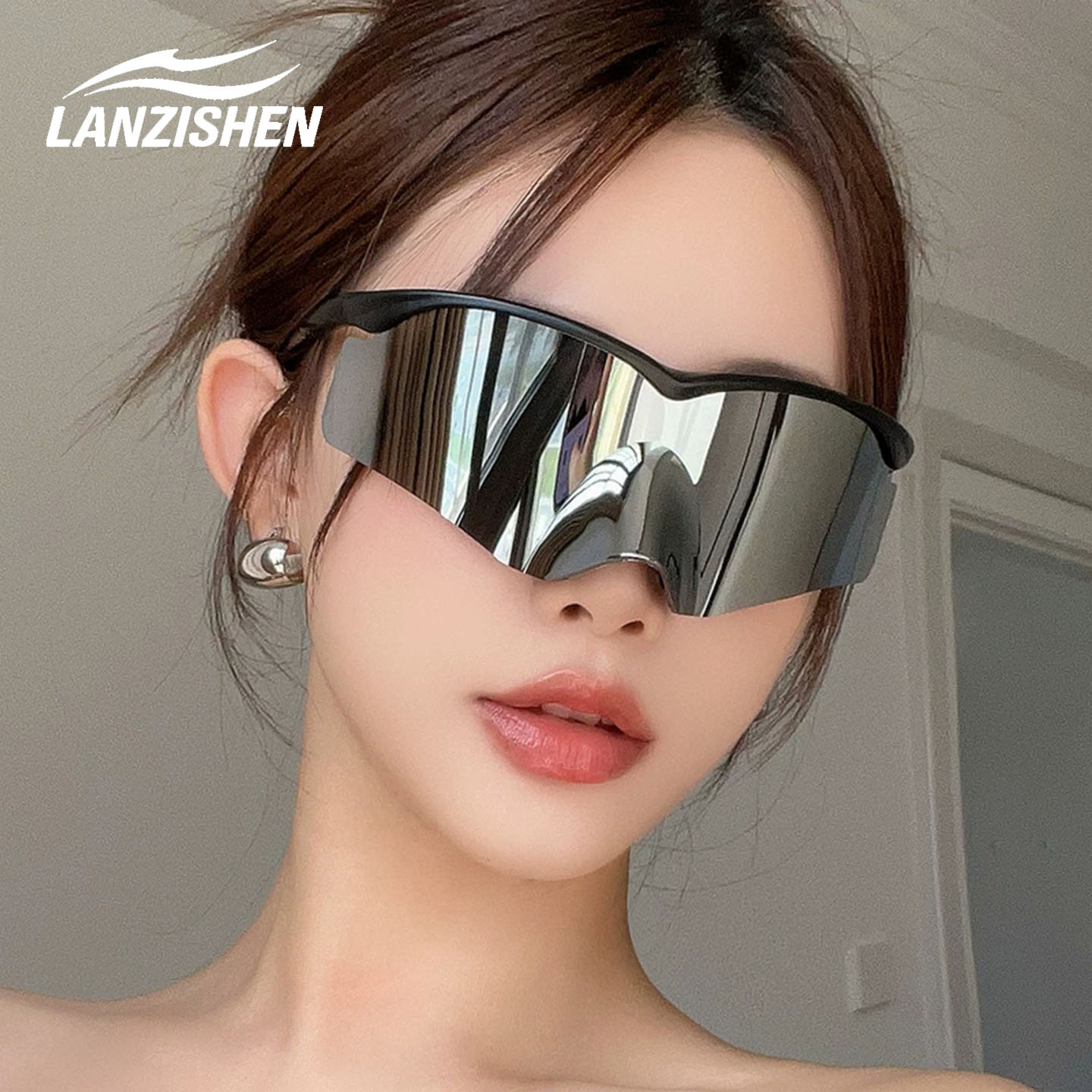 骑行眼镜连体水银色墨镜立体潮酷