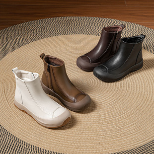 欧卡汇真皮短靴女2025冬季新款妈妈鞋百搭圆头厚底舒适保暖皮靴子