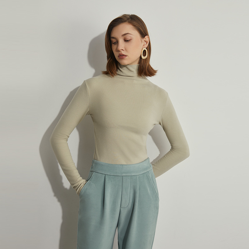 德绒打底衫秋冬新款玻尿酸美肤高领打底衫无痕磨毛竖条长袖T恤女