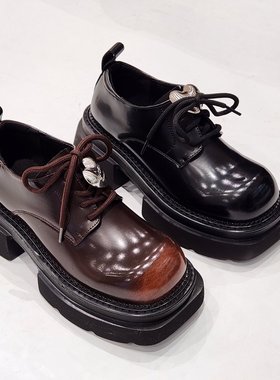 84008真皮乐福鞋女英伦风松糕底小皮鞋圆头学院风系带单鞋
