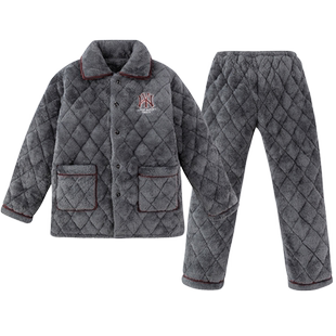 睡衣男士冬季加厚加绒珊瑚绒三层夹棉保暖中老年爸爸家居服秋冬款