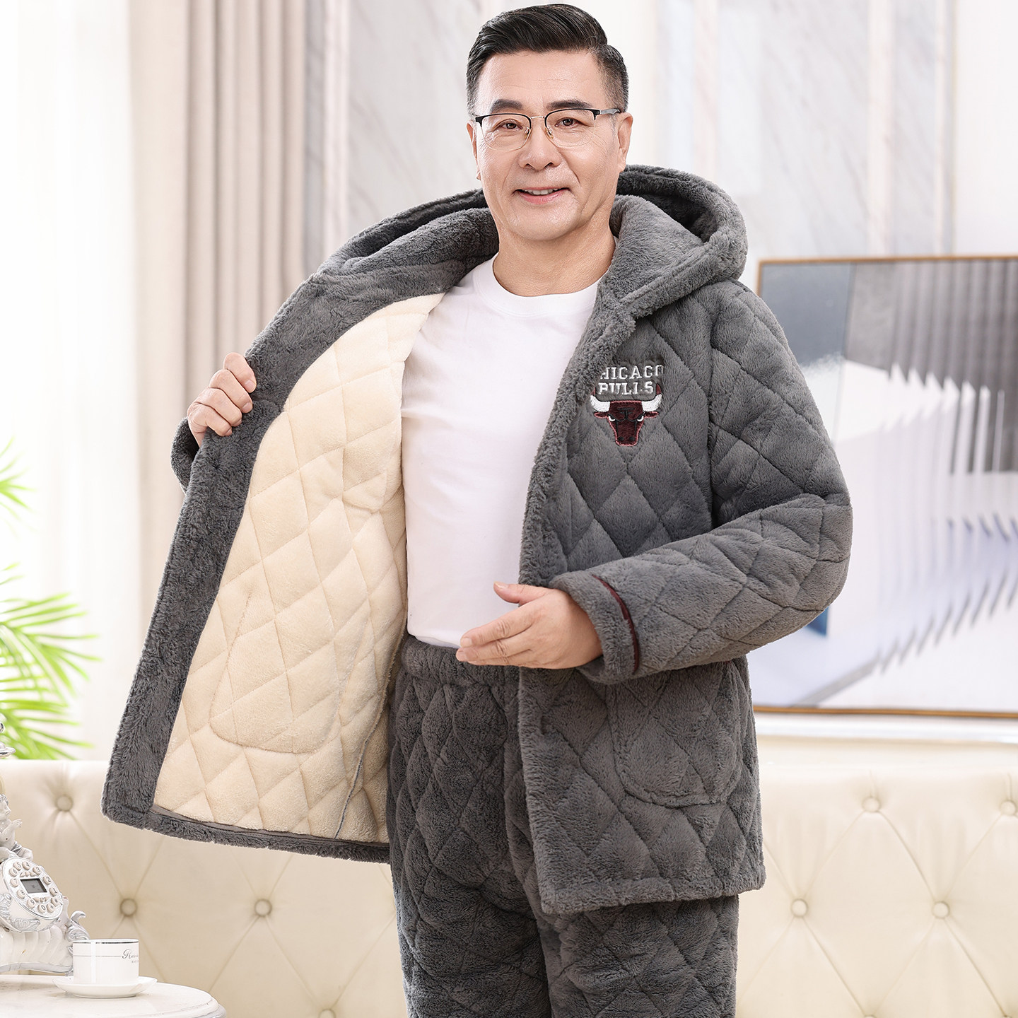 轩朵淇男士长毛绒连帽加厚睡衣男