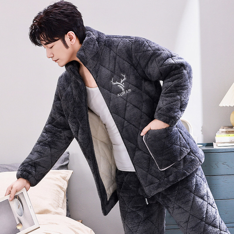 男士睡衣秋冬季加厚珊瑚绒三层夹棉保暖加绒拉链立领家居服秋冬款