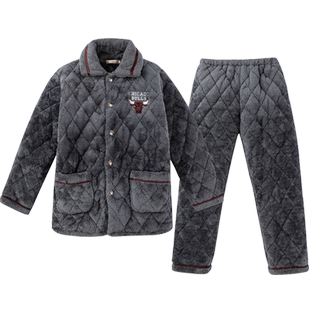 爸爸男士睡衣冬款加厚加绒珊瑚绒三层夹棉保暖中老年家居服秋冬季