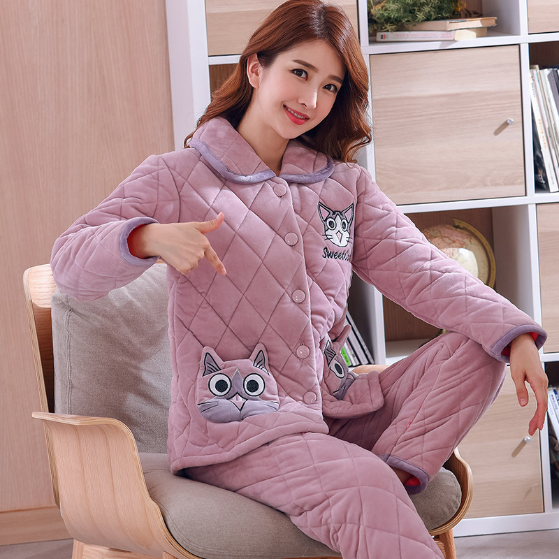 睡衣女冬季三层加绒加厚珊瑚绒夹棉法兰绒女士甜美家居服套装秋冬