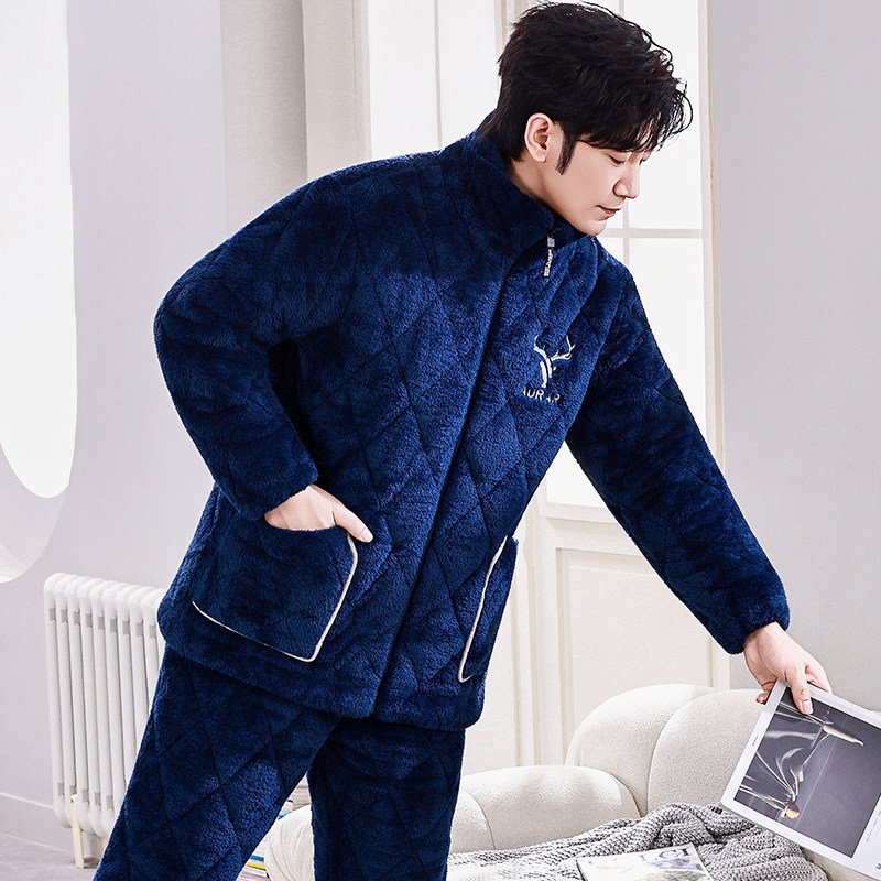 三层夹棉睡衣男冬季加厚加绒拉链珊瑚绒保暖立领家居服套装秋冬款