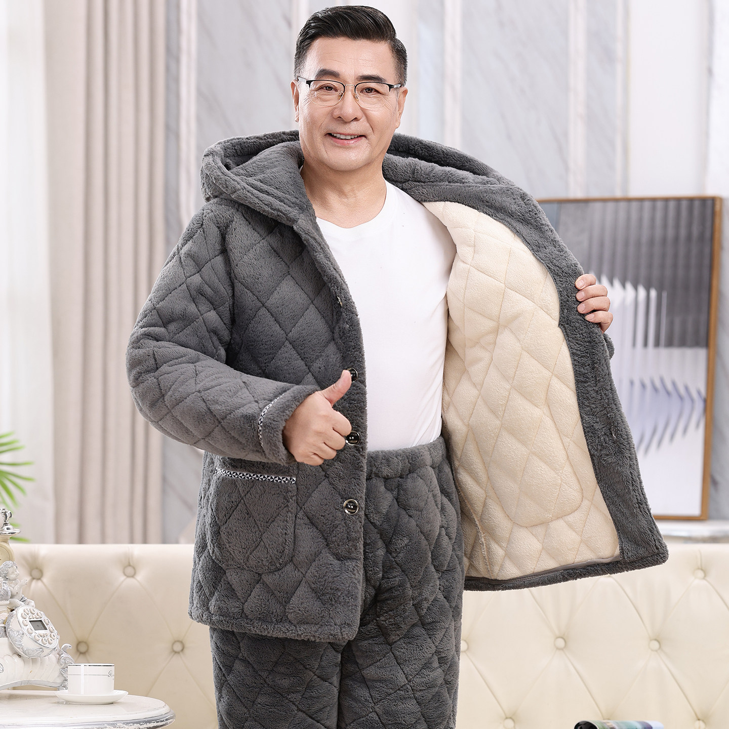 男士冬季睡衣珊瑚绒三层夹棉中老年加厚加绒爸爸连帽家居服秋冬款