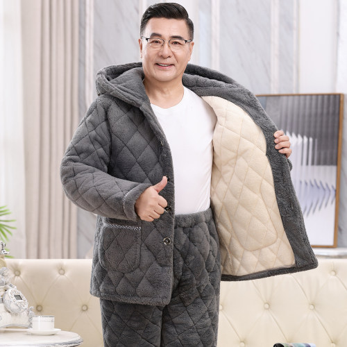 轩朵淇男士珊瑚绒夹棉连帽睡衣冬