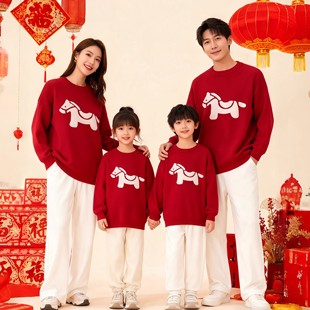 新年亲子装2026新款潮一家三四口马年红色年服喜庆过年加厚毛衣潮