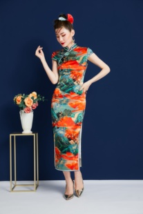 复古山水中国风旗袍新款原创设计短袖改良长旗袍时尚连衣裙红