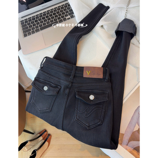 小众翻盖口袋~黑灰色加厚绒牛仔裤女冬高腰显瘦紧身九分小脚靴裤